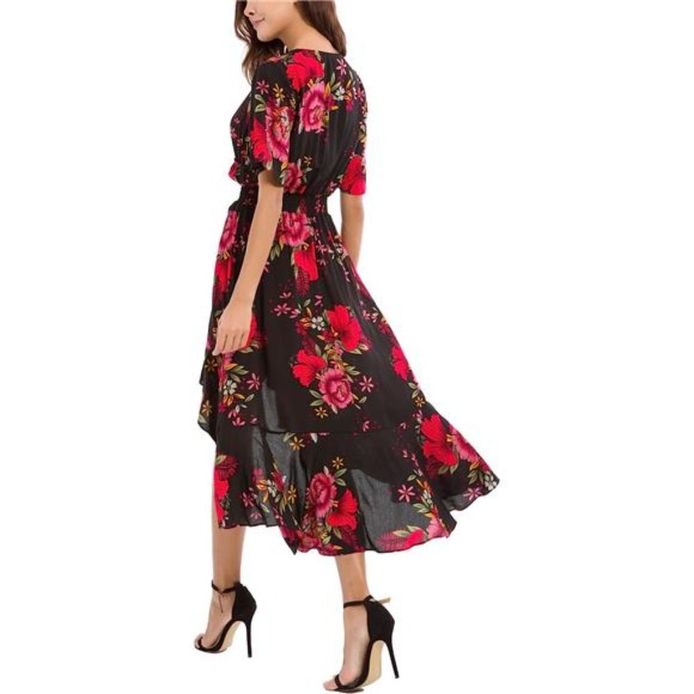 Black Floral Print High Low V-Neck Flowy A-Line Short Sleeve‎ Long Midi Dress - Picture 3 of 6
